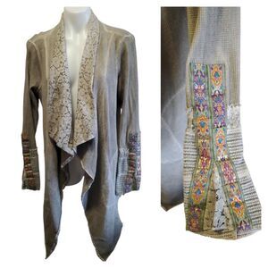 Soft Surroundings Cadence Embellished Lagenlook Waffle Knit Artsy Cardigan Med